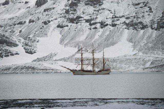 The Bark Europa cuts a lonely figure in the icy expanse of the island, on March 05, 2015 in Antarctica. (Photo by Andrew Orr/Barcroft Images)