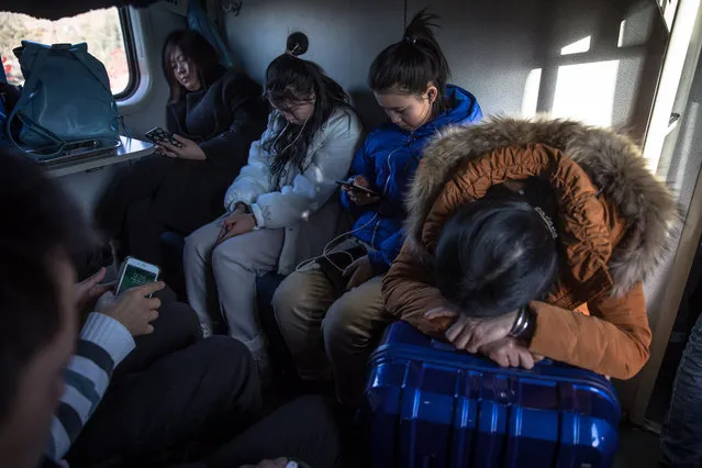 Chinese passengers with their luggage sit on a train heading out of Beijing, China, 01 February 2019 (issued 03 February 2019). Nearly three billion trips are expected to be made during China's annual Spring Festival this year. Millions of Chinese travel back to their hometowns to celebrate the Lunar New Year, or Spring Festival, with their families. This year the Lunar New Year will fall on 05 February and will mark the beginning of Year of the Pig. (Photo by Roman Pilipey/EPA/EFE)