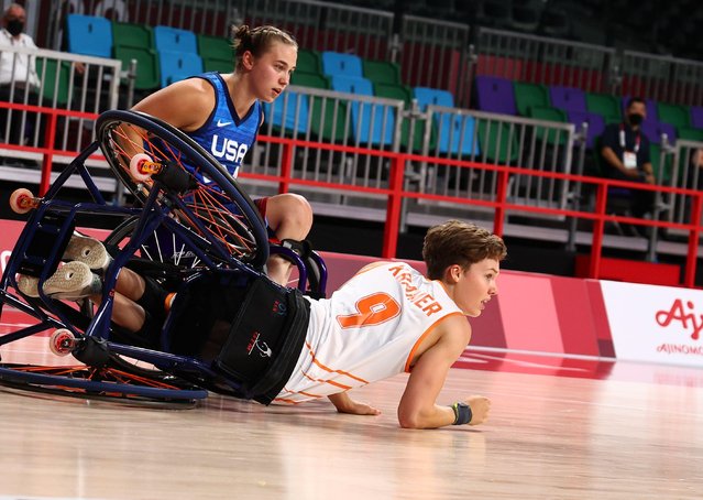 Bo Kramer #9 of the Netherlands is seen on the floor during the Women's Wheelchair Basketball Group B game between Team USA and Team Netherlands on day 1 of the Tokyo 2020 Paralympic Games at Musashino Forest Sport Plaza on August 25, 2021 in Chofu, Japan. (Photo by Athit Perawongmetha/Reuters)