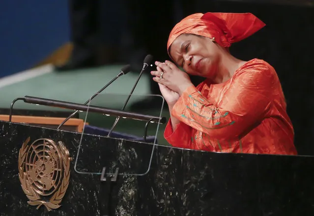 U.N. Under-Secretary-General Phumzile Mlambo-Ngcuka, executive director of the United Nations Entity for Gender Equality and the Empowerment of Women, acknowledges greetings before addressing a women's rights conference in the U.N. General Assembly, Monday March 13, 2017 at U.N. headquarters. (Photo by Bebeto Matthews/AP Photo)