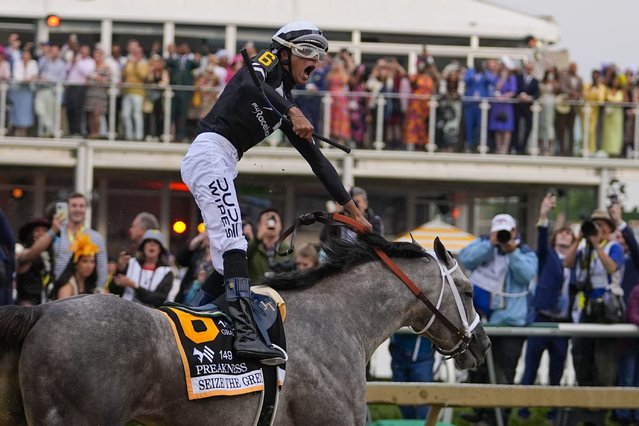 Jaime Torres, atop Seize The Grey, reacts after crossing the finish line to win the Preakness Stakes horse race at Pimlico Race Course, Saturday, May 18, 2024, in Baltimore. (Photo by Julia Nikhinson/AP Photo)