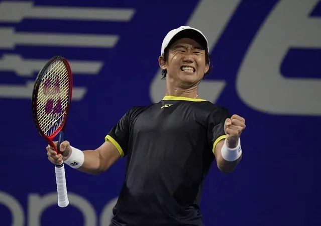Yoshihito Nishioka, of Japan ,celebrates a point during a match against to Taylor Fritz, of the United States, at the Mexican Open tennis tournament in Acapulco, Mexico, Wednesday, February 23, 2022. (Photo by Eduardo Verdugo/AP Photo)