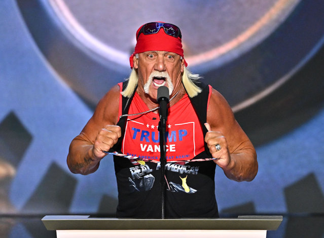 Hulk Hogan rips his shirt to reveal a Trump-Vance shirt underneath onstage on the fourth day of the Republican National Convention at the Fiserv Forum on July 18, 2024 in Milwaukee, Wisconsin. (Photo by Ricky Carioti/The Washington Post)