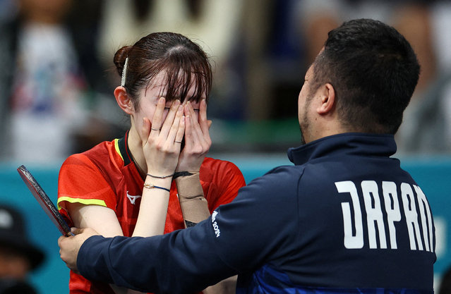 Hayata Hina of Team Japan celebrates after competing against Shin Yu-bin of Team South Korea in the Table Tennis Women's Singles Bronze Medal match on day 8 of the Olympic Games Paris 2024 at South Paris Arena on August 3, 2024 in Paris, France. (Photo by Kim Hong-Ji/Reuters)