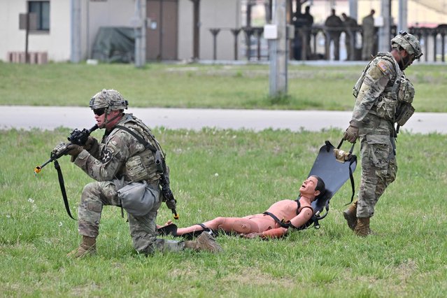 US soldiers take part in an air assault during the Best Squad Competition, conducted by the US 2nd Infantry Division and the ROK-US Combined Division at the US Army's Camp Humphreys in Pyeongtaek on May 4, 2023. (Photo by Jung Yeon-je/AFP Photo)