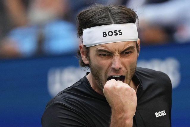 Taylor Fritz, of the United States, reacts after scoring a point against Alexander Zverev, of Germany, during the quarterfinals of the U.S. Open tennis championships, Tuesday, September 3, 2024, in New York. (Photo by Kirsty Wigglesworth/AP Photo)