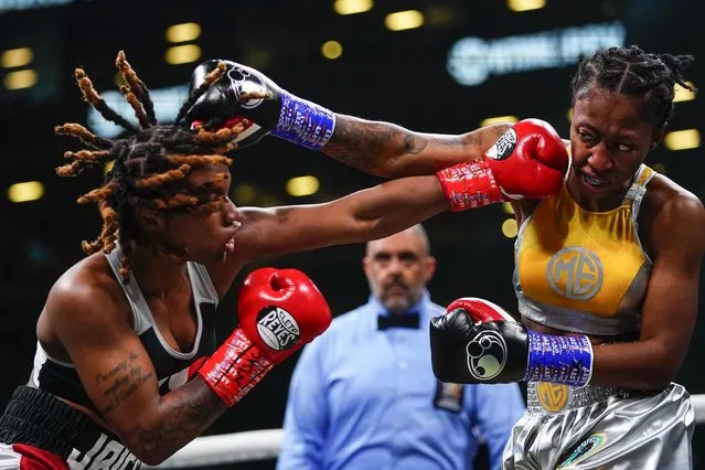 Haiti's Jaica Pavilus, left, throws a left at Mia Ellis during the first round of a lightweight boxing bout Saturday, May 28, 2022, in New York. Pavilus won the fight. (Photo by Frank Franklin II/AP Photo)