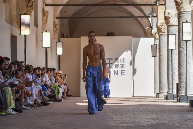 A model wears a creation as part of the Joeone men's Spring Summer 2023 collection presented in Milan, Italy, Monday, June 20, 2022. (Photo by Nicola Marfisi/AP Photo)