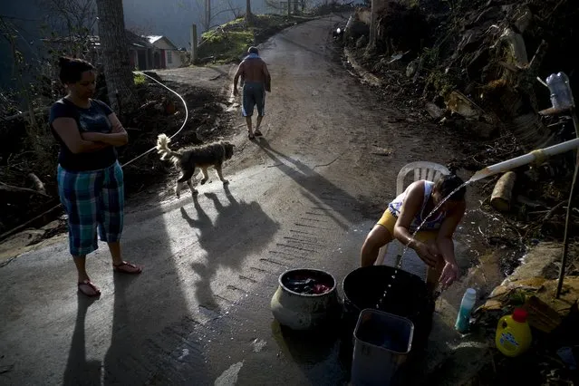 A woman washes her clothes with water from the mountain while Ramon Sortre Vazquez walks with his dog, in Moravis, Puerto Rico, Sunday, October 1, 2017. Ramon suffers from diabetes and he says that he been 10 days without insulin because the lack of power has not let him keep the medicine in a cool place. (Photo by Ramon Espinosa/AP Photo)