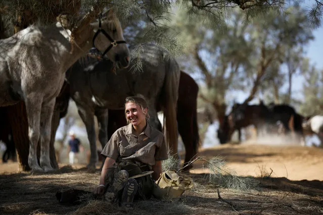 A woman sits near horses as she takes part in an event marking centenary celebrations of “The Battle of Beersheba”, together with some 100 descendants of soldiers from the Australian and New Zealand Army Corps (ANZAC), who rode along the trail that their ancestors took as troops when they made their way to Beersheba conquering Turkish forces in a famous World War One cavalry charge in 1917, in the Negev Desert, southern Israel October 29, 2017. (Photo by Amir Cohen/Reuters)