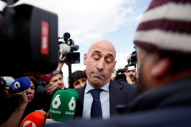 Former president of the Spanish football federation Luis Rubiales, accused of s*x assault and coercion over forcible kiss, is surrounded by media as he leaves after taking the stand during his trial at the court of San Fernando de Henares, east of Madrid, on February 11, 2025. Spain's former football federation chief has given his version of events in his trial over his forced kiss on player Jenni Hermoso. The 47-year-old provoked worldwide outrage after he cupped Hermoso's head and gave her an unsolicited kiss during the medal ceremony after Spain won the 2023 Women's World Cup in Australia. (Photo by Óscar del Pozo/AFP Photo)