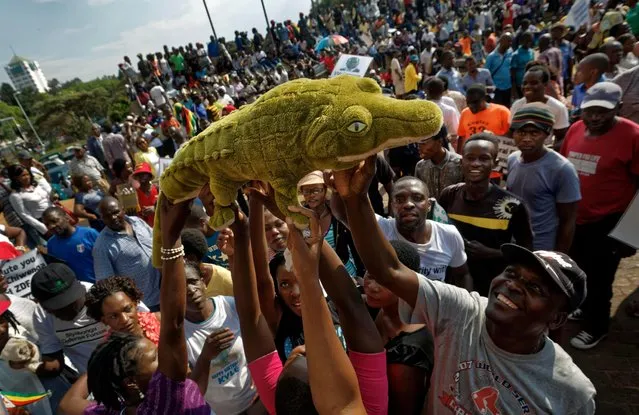 Supporters of Zimbabwe's President in waiting Emmerson Mnangagwa, known as “The Crocodile”, raise a stuffed crocodile in the air as they await his arrival at the Zanu-PF party headquarters in Harare, Zimbabwe Wednesday, November 22, 2017. Mnangagwa has emerged from hiding and returned home ahead of his swearing-in Friday. Crowds have gathered at the ruling party's headquarters for his first public remarks. Mnangagwa will replace Robert Mugabe, who resigned after 37 years in power when the military and ruling party turned on him for firing Mnangagwa and positioning his wife to take power. (Photo by Ben Curtis/AP Photo)