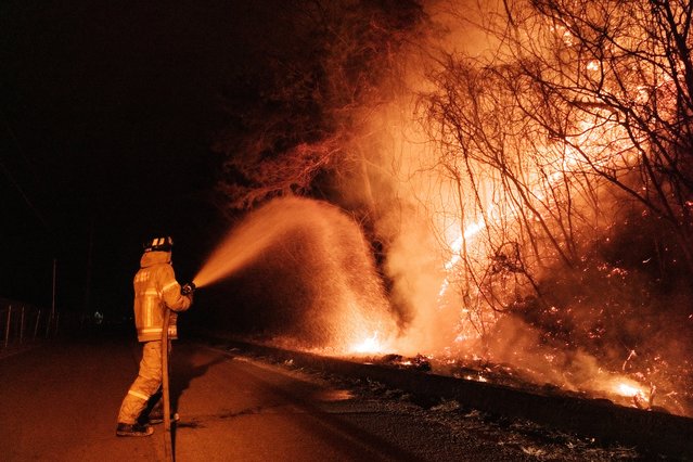 A firefighter sprays water as wildfires spread along the slopes in Uiseong, South Korea, on March 24, 2025. South Korean authorities said on March 24 they would deploy dozens of helicopters and thousands of firefighters and soldiers as they struggle to control multiple wildfires in the southeast, which have been burning for days. (Photo by Yasuyoshi Chiba/AFP Photo)