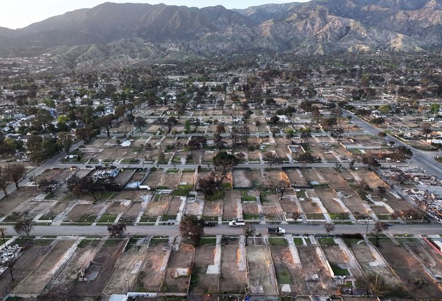 An aerial view of properties cleared of wildfire debris which burned in the Eaton Fire on May 22, 2025 in Altadena, California. The U.S. Army Corps of Engineers announced it has cleared 5,000 properties in the Eaton and Palisades fires burn zones, which represents half of the eligible properties, in just three months. (Photo by Mario Tama/Getty Images)
