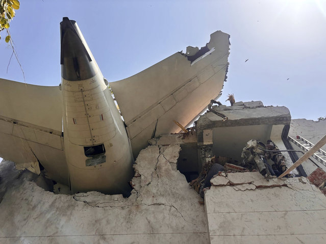 This photo shared on X by India's Central Industrial Security Force (CISF) shows debris of a plane that crashed in the northwestern Indian city of Ahmedabad, in Gujarat state, Thursday, June 12, 2025. (Photo by Central Industrial Security Force on X via AP Photo)