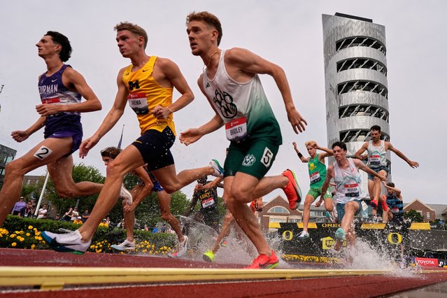 Runners compete during the first heat of the men's steeple chase during the U.S. Championships athletics meet in Eugene, Ore.,Thursday, July 31, 2025. (Photo by Ashley Landis/AP Photo)