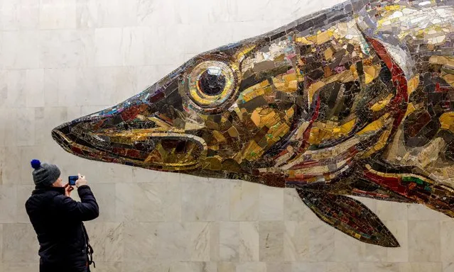 A man takes a picture of a mosaic image of a pike fish at Nagatinsky Zaton station of the newly opened Big Circle Line of the subway in Moscow, Russia on March 6, 2023. (Photo by Maxim Shemetov/Reuters)
