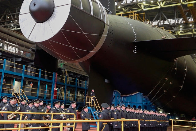The Khabarovsk nuclear submarine is readied for launch at Sevmash shipyard in Severodvindk, Russia on November 1, 2025. (Photo by AFP Photo/Stringer)