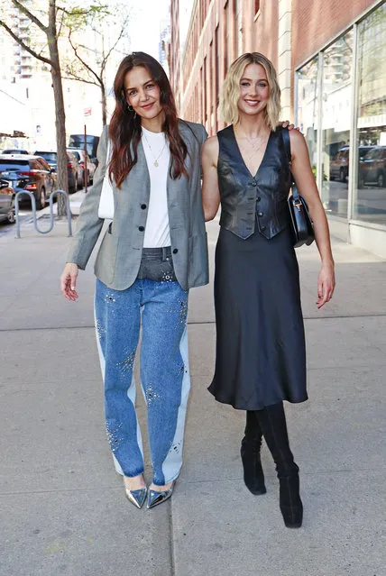 American actresses Katie Holmes (L) and Lucy Freyer pose together outside the Drew Barrymore show in New York City in the second decade of April 2023. (Photo by Splash News and Pictures)