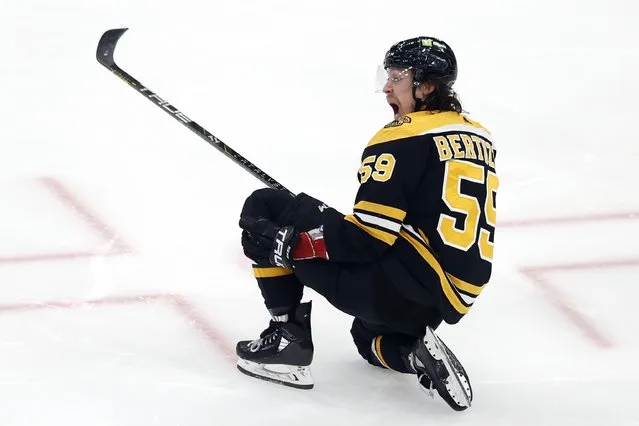 Boston Bruins' Tyler Bertuzzi celebrates after his goal during the third period of Game 7 of an NHL hockey Stanley Cup first-round playoff series against the Florida Panthers, Sunday, April 30, 2023, in Boston. (Photo byu Michael Dwyer/AP Photo)