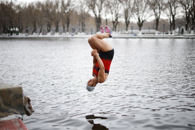 A winter swimmer dives into a lake at Beiling Park during the first heavy snowfall of the season in Shenyang, northeast China's Liaoning province on November 27, 2025. (Photo by AFP Photo/China Stringer Network)