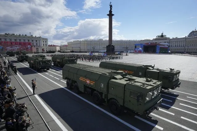 Iskanders, a mobile short-range ballistic missile system launchers roll during a rehearsal for the Victory Day military parade which will take place at Dvortsovaya (Palace) Square on May 9 to celebrate 78 years after the victory in World War II in St. Petersburg, Russia, Sunday, May 7, 2023. (Photo by Dmitri Lovetsky/AP Photo)