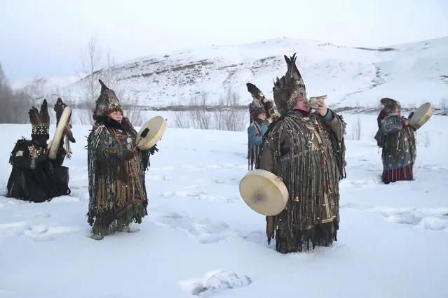 Shamans take part in celebrations of Shagaa, the Lunar New Year, in National Park in Tyva Republic, Russia on February 12, 2021. Lunar New Year 2021 is the Year of the Ox. (Photo by Kirill Kukhmar/TASS)