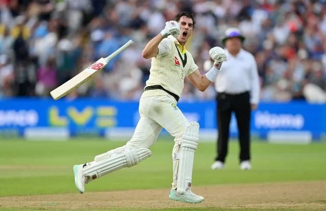 Pat Cummins of Australia celebrates after hitting the winning runs during Day Five of the LV= Insurance Ashes 1st Test match between England and Australia at Edgbaston on June 20, 2023 in Birmingham, England. (Photo by Stu Forster/Getty Images)