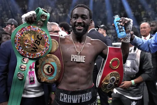 Terence Crawford celebrates his defeat of Errol Spence Jr. after their undisputed welterweight championship boxing match, Saturday, July 29, 2023, in Las Vegas. (Photo by John Locher/AP Photo)