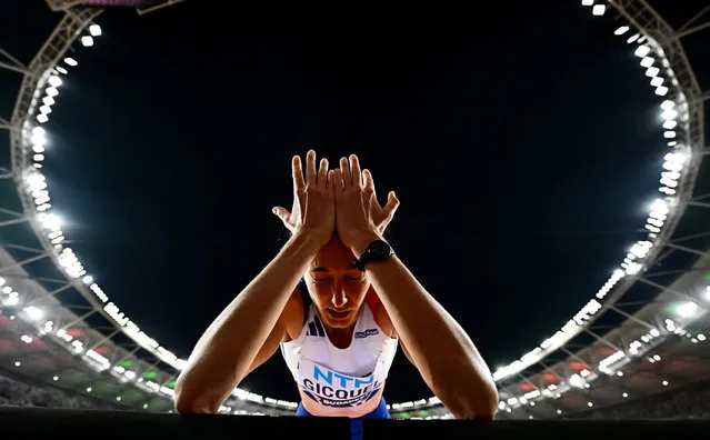 France's Solene Gicquel reacts to a failure in the women's high jump final during the World Athletics Championships at the National Athletics Centre in Budapest on August 27, 2023. (Photo by Marton Monus/Reuters)