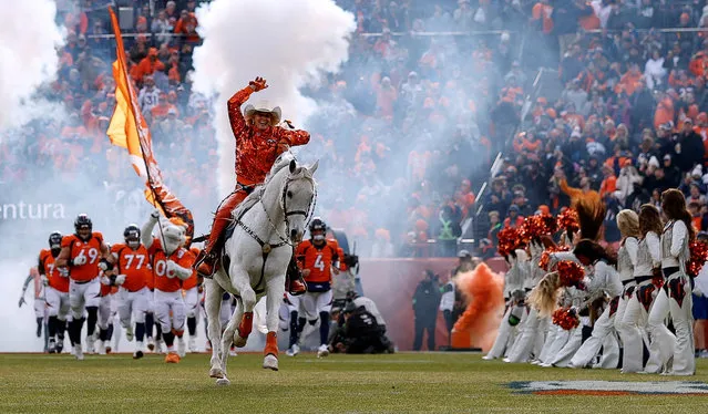 Ann Judge rides Thunder out ahead of the Denver Broncos before the game against the Los Angeles Chargers at Empower Field at Mile High in Denver, Colorado on December 31, 2023. (Photo by Isaiah J. Downing/USA TODAY Sports)