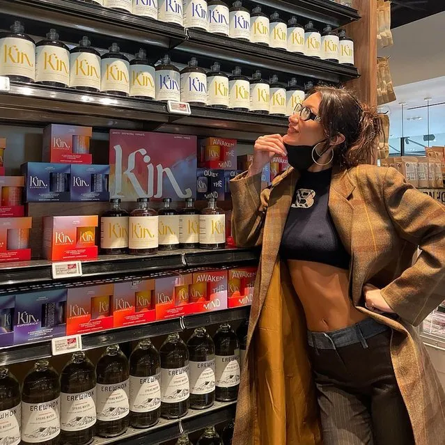 American model Bella Hadid celebrates the launch of Kin Euphorics at Erewhon Market in California last decade of January 2022. (Photo by bellahadid/Instagram)