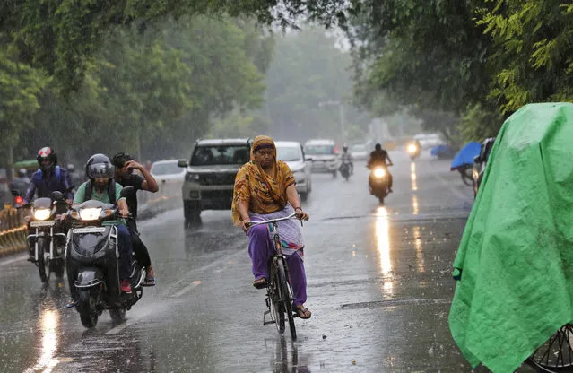A woman rides a bicycle in the rain in Prayagraj, in the northern Indian state of Uttar Pradesh, Wednesday, July 24, 2019. Lightning has killed more than 50 people in July, including more than 30 in Uttar Pradesh state, with thunderstorms and heavy rains lashing north and eastern India. (Photo by Rajesh Kumar Singh/AP Photo)
