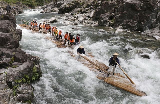 Rafting tours commence for the year on a river in the Wakayama Prefecture village of Kitayama, western Japan, during the Golden Week holidays on May 3, 2024. (Photo by Kyodo News)