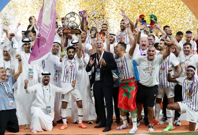 Al Ain players and coaching staff celebrate after beating Yokohama F Marinos to win the AFC Champions League on May 25, 2024 in Al Ain, United Arab Emirates. Al Ain won 5-1 at Hazza Bin Zayed Stadium and 6-3 on aggregate. (Photo by Chris Whiteoak/The National)