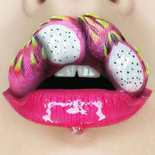 Tutushka's lipstick art work on her lips showing dragonfruit. (Photo by Tutushka Matviienko/Caters News Agency)