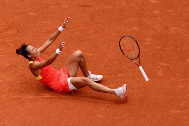 Zheng Qinwen of Team China celebrates after winning the Tennis - Women's Singles Gold Medal Match against Donna Vekic of Team Croatia on day 8 of the Paris 2024 Olympic Games at Stade Roland-Garros on August 3, 2024 in Paris, France. (Photo by Claudia Greco/Reuters)