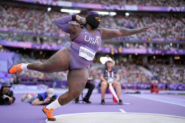 Raven Saunders, of the United States, competes during the women's shot put qualification at the 2024 Summer Olympics, Thursday, August 8, 2024, in Saint-Denis, France. (Photo by Bernat Armangue/AP Photo)