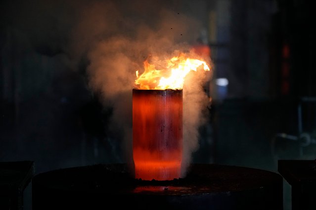 A 155 mm M795 artillery projectile is manufactured at the Scranton Army Ammunition Plant, Tuesday, August 27, 2024, in Scranton, Pa. (Photo by Matt Slocum/AP Photo)