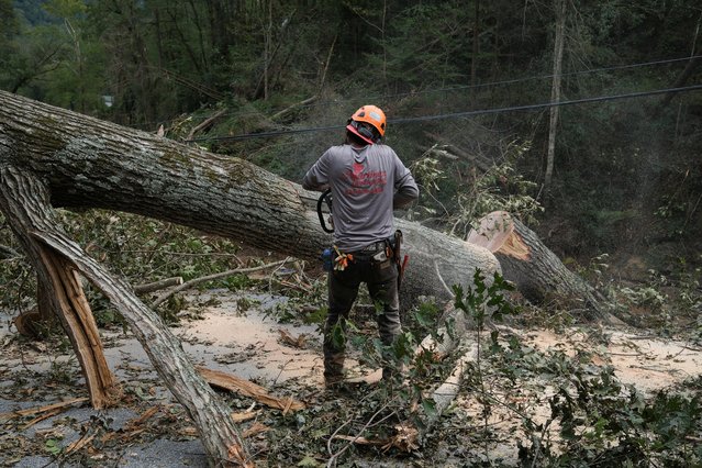 A volunteer helps to remove a tree from U.S. Route 64 road, following the passing of Hurricane Helene, by Bat Cave, North Carolina, September 30, 2024. (Photo by Marco Bello/Reuters)