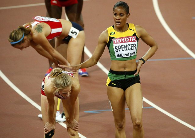 Kaliese Spencer of Jamaica (R) congratulates Sara Slott Petersen of Denmark who won the women's 400 metres hurdles semi-finals during 15th IAAF World Championships at the National Stadium in Beijing, China August 24, 2015. (Photo by David Gray/Reuters)