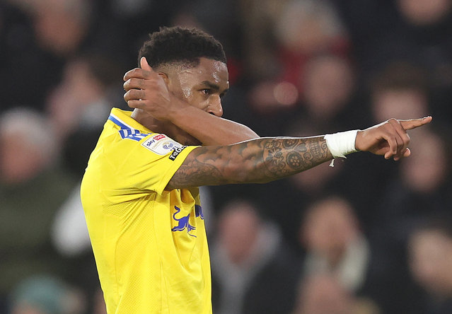Junior Firpo of Leeds United celebrates after scoring his teams first goal during the Sky Bet Championship match between Sheffield United FC and Leeds United FC at Bramall Lane on February 24, 2025 in Sheffield, England. (Photo by George Wood/Getty Images)