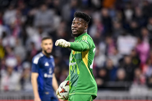 Goalkeeper André Onana of Manchester United gestures during the UEFA Europa League 2024/25 Quarter Final First Leg match between Olympique Lyonnais and Manchester United at OL Stadium on April 10, 2025 in Decines-Charpieu, France. (Photo by Eurasia Sport Images/Getty Images)