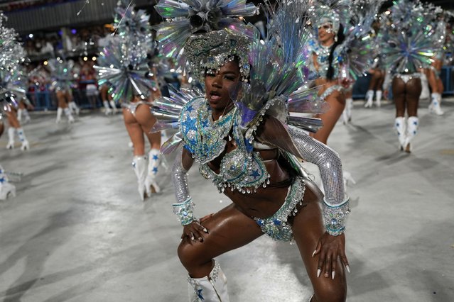 Performers from the Salgueiro samba school parade during Carnival celebrations at the Sambadrome in Rio de Janeiro, Brazil, early Monday, February 12, 2024. (Photo by Silvia Izquierdo/AP Photo)