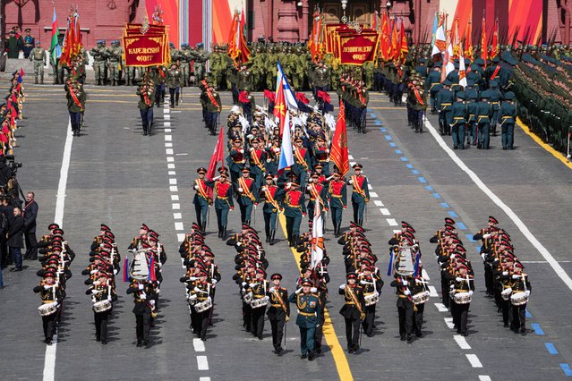 Russian service members march in columns during a military parade on Victory Day, marking the 80th anniversary of the victory over Nazi Germany in World War Two, in Red Square in central Moscow, Russia, on May 9, 2025. (Photo by Alexander Vilf/Host agency RIA Novosti/Handout via Reuters)