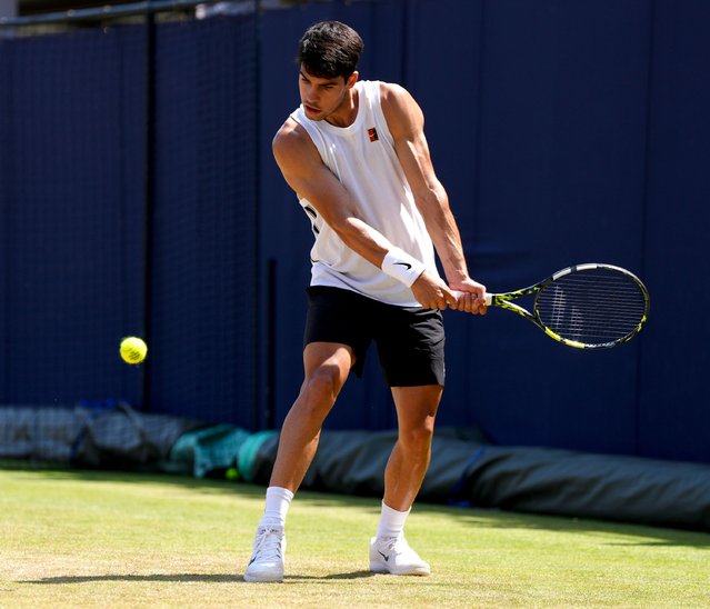 Spain’s Carlos Alcaraz during a practice session on day eight of the HSBC Championships at The Queen's Club, London on Monday, June 16, 2025. (Photo by Ben Whitley/PA Images via Getty Images)
