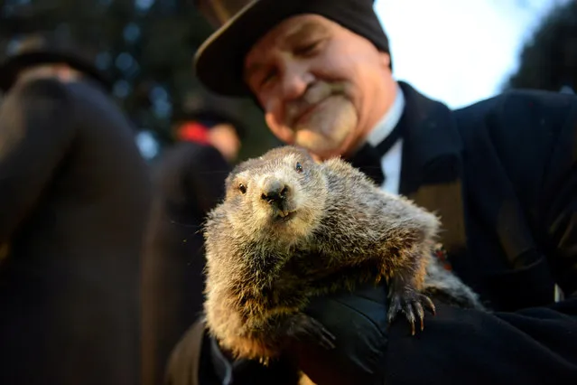 Co-handler John Griffiths holds Punxsutawney Phil for the crowd gathered at Gobbler's Knob on the 132nd Groundhog Day in Punxsutawney, Pa., February 2, 2018. Punxsutawney Phil, the weather-forecasting groundhog, emerged from his burrow in Pennsylvania on Friday, saw his shadow and predicted six more weeks of winter, despite his rival Staten Island Chuck in New York predicting an early spring. (Photo by Alan Freed/Reuters)