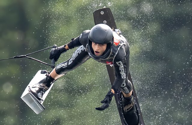 Leona Berner of Austria jumps during the women's finals at the 2025 IWWF World U21 Water Ski Championships at Predator Bay Water Ski Club on August 2, 2025 in Calgary, Alberta, Canada. (Photo by Johnny Hayward/Getty Images)