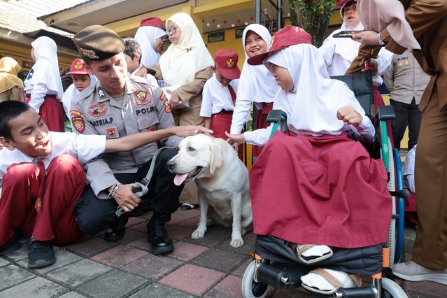 An Indonesian K9 policeman shows a K9 dog to disabled school students during an event at a school for students with special needs in Depok, Indonesia, 02 June 2025. Indonesian police visited a school for students with special needs to provide knowledge and education to children about the mounted and K9 troops owned by the police. (Photo by Adi Weda/EPA)