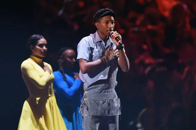 Pharrell Williams on stage during the MTV EMA's 2015 at the Mediolanum Forum on October 25, 2015 in Milan, Italy. (Photo by Brian Rasic/Getty Images for MTV)